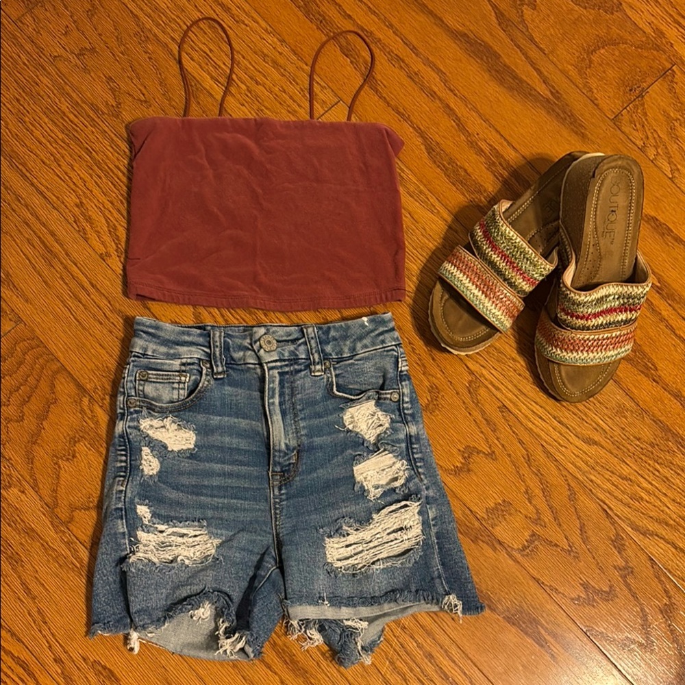 Rust Crop Top and Distressed Denim Shorts